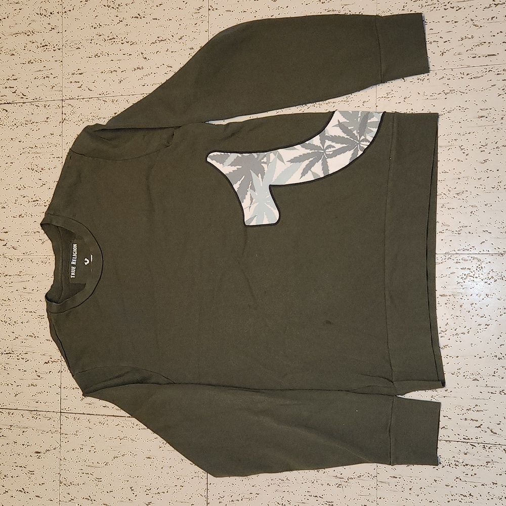 True Religion Dark Greem Mary Jane Big Logo Crew Neck Pullover Sweater Y2K